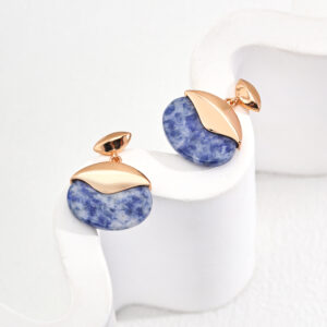 Gold earrings with Blue Spot Jasper, wave design for emotional balance and intuitive clarity.