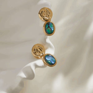 Gold-framed oval earrings with abalone shell in blue-green iridescent tones. Be the gliding grace.
